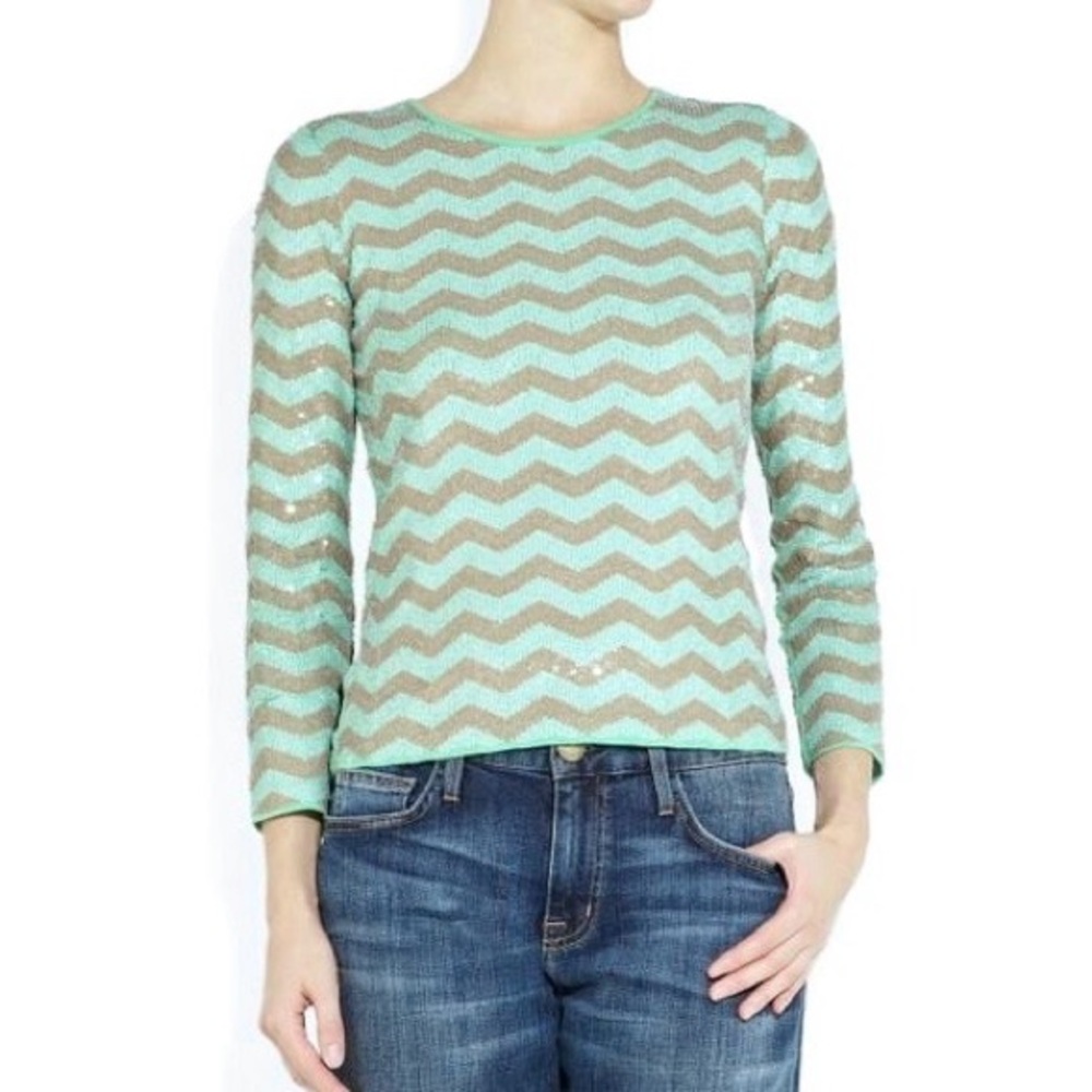 J. Crew Zig Zag Sequin Knit Top in Grey/Mint